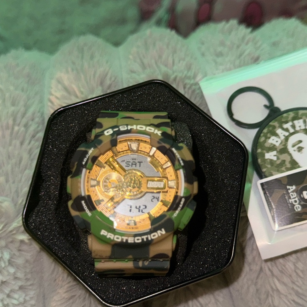 G-Shock BAPE Green Camouflage Watch with Gold Details